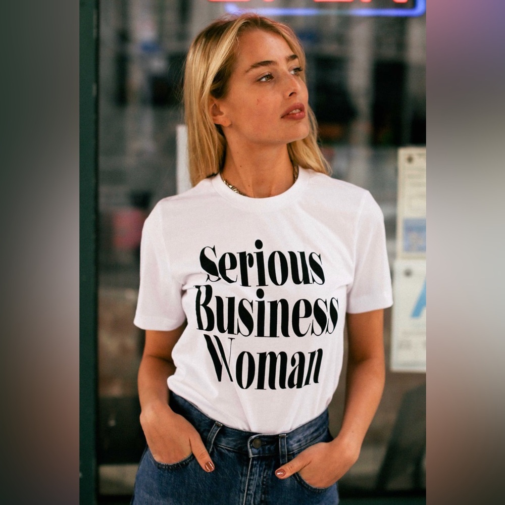 Serious business woman tee in white